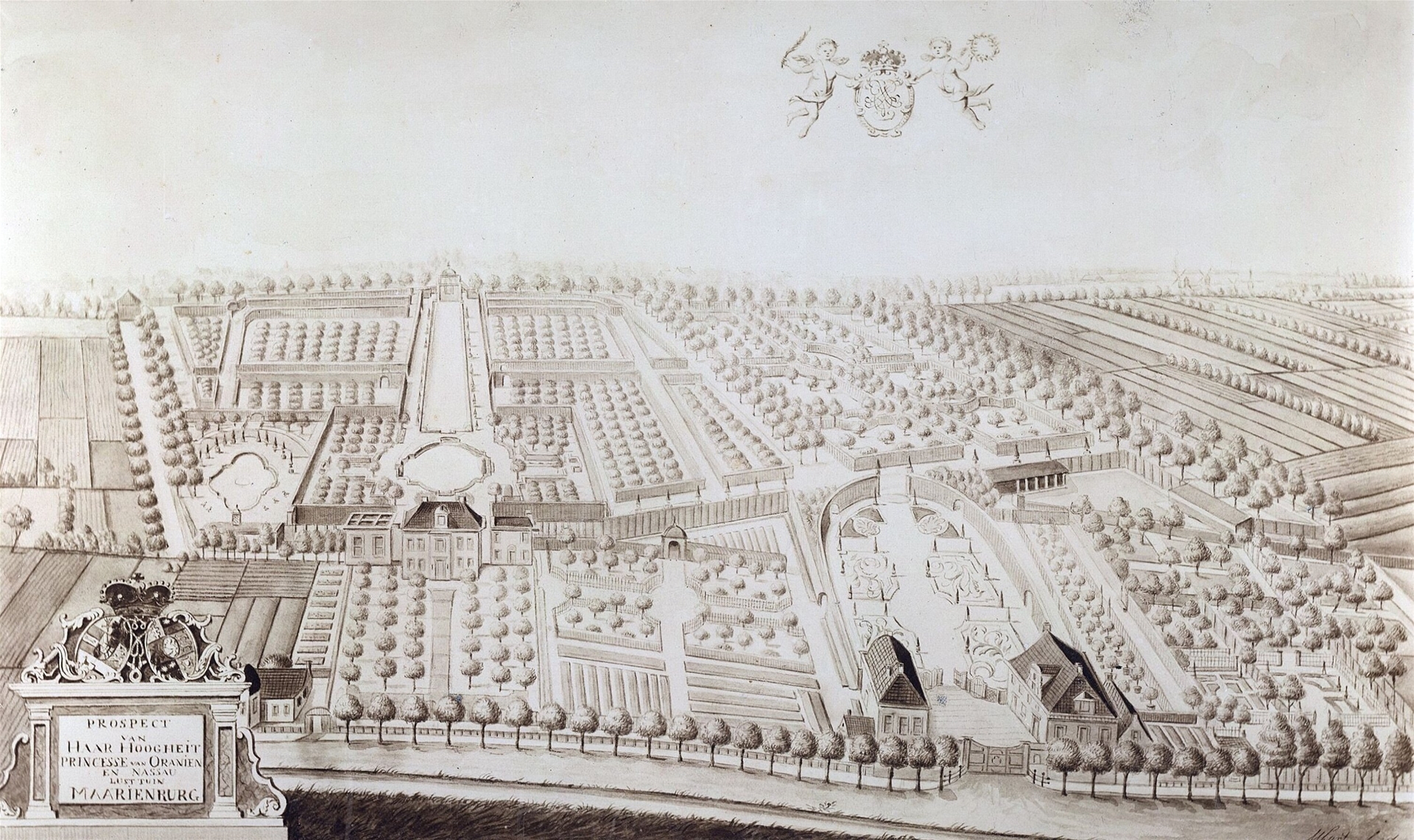 Vogelvluchttekening van de buitenplaats Mariënburg aan Achter de Hoven, Albert Martin, 1721-1765. Bron: Beeldbank Historisch Centrum Leeuwarden.